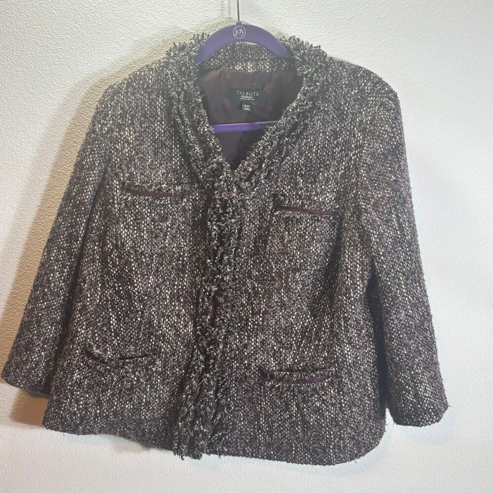 Talbots Petite 16WP Tweed Jacket Fringe Trim Lined Career Blazer Wool Blend